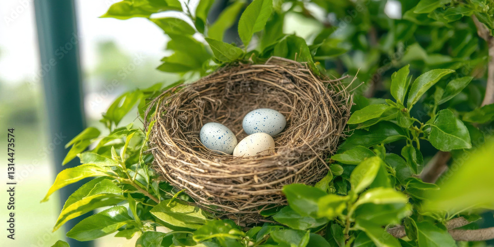 Fototapeta premium close up of robin nest with speckled eggs nestled among green leaves, showcasing nature beauty and tranquility