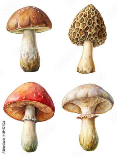 Watercolor mushrooms, botanical illustration, detailed textures, natural colors, artistic style, educational purpose.