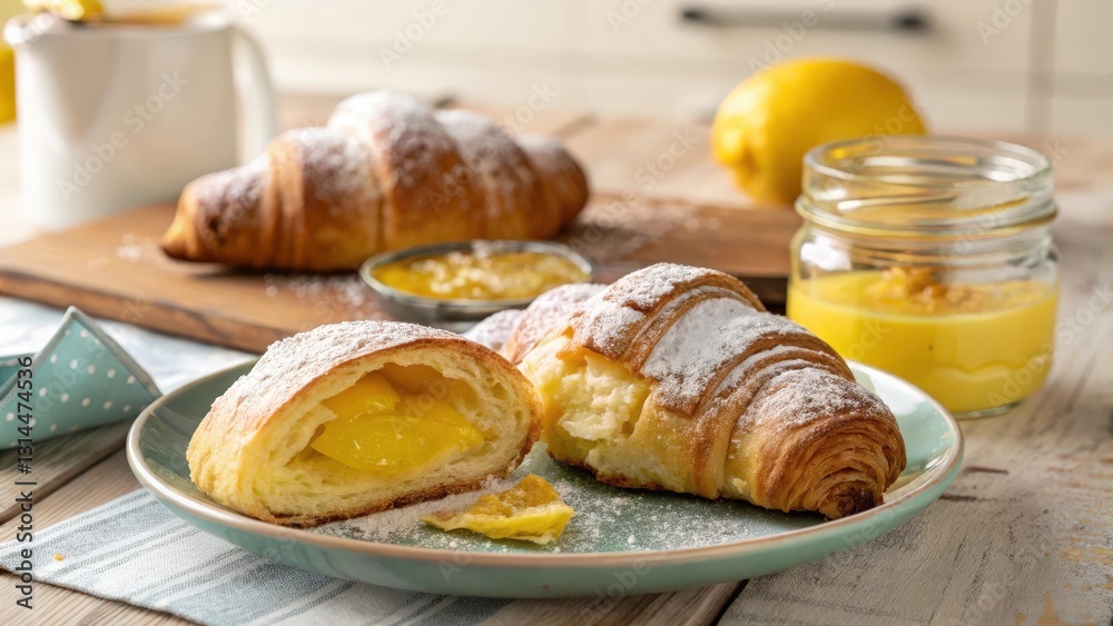 A plate of two croissants, one sliced open and filled with tangy lemon curd, and the other dusted with powdered sugar. A plate of two croissants, one sliced open and filled with tangy lemon curd, and the other dusted with powdered sugar.