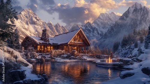 Wallpaper Mural Serene mountain lodge with hot spring pool surrounded by snowcapped peaks Torontodigital.ca