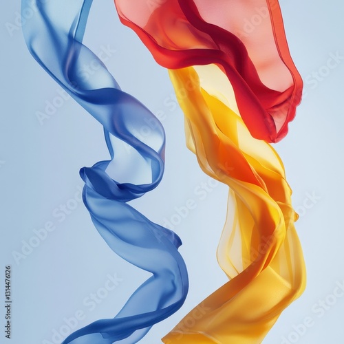 Elegant Swirls Of Red, Blue, And Yellow Fabric Ribbons