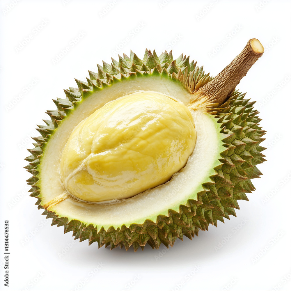 Fototapeta premium Durian fruit sliced open displaying creamy flesh