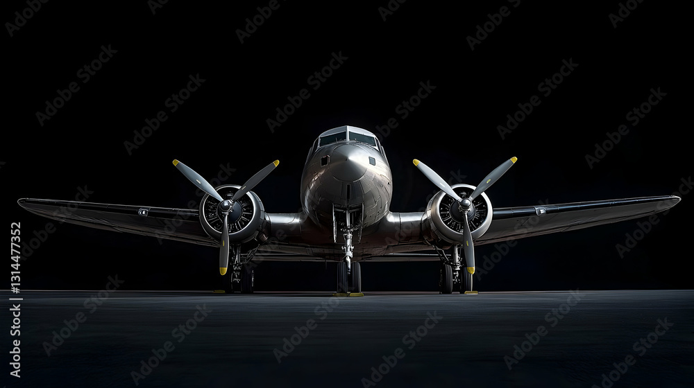 Fototapeta premium Dramatic Spotlight On Silver Vintage Airplane On Dark Tarmac At Night
