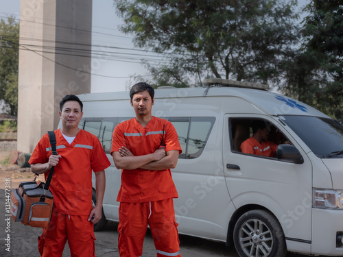 Obraz na płótnie Two repair technicians dressed in bright red uniforms standing w salonie