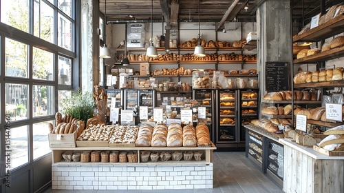 Artisan Bakery s Tempting Assortment of Fresh Gourmet Breads and Baked Goods on Display photo