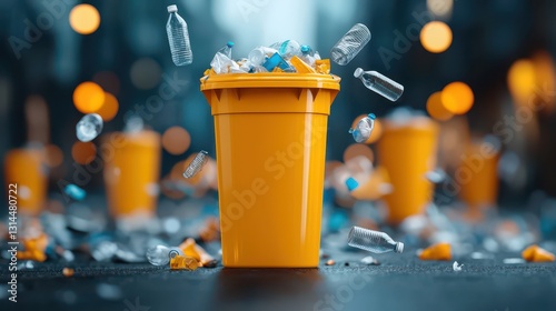 Overflowing yellow trash bin surrounded by littered waste photo