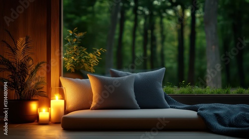 Cozy indoor nook with candles and forest view photo