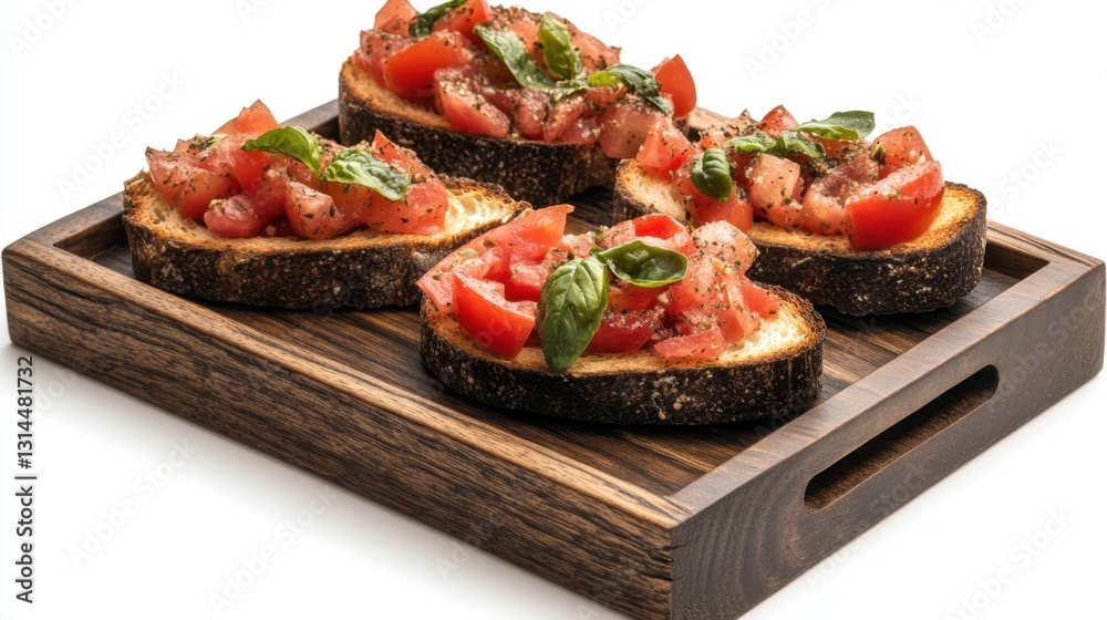 Rustic bruschetta on wooden tray showcasing fresh tomato basil topping and toasted bread appetizer food photography
