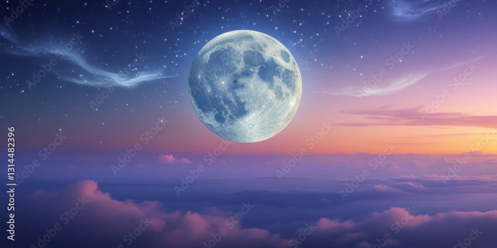 A serene and mystical night sky with a majestic full moon, surrounded by a tapestry of twinkling stars A serene and mystical night sky with a majestic full moon, surrounded by a tapestry of twinkling stars