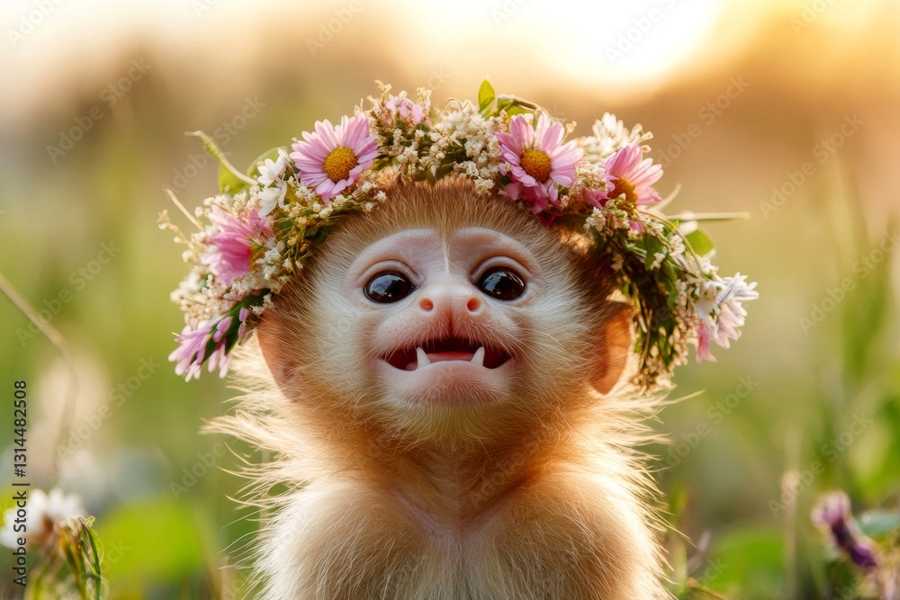 Fototapeta premium Summer happiness. Cute baby animal tamarin wearing untamed flower wreath on its head. Golden hour in sunset. Wild animal and soft floral glow. Magical summer scene with wildlife.