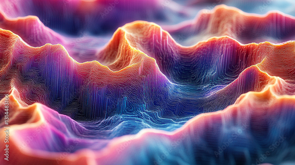 A colorful mountain range with a blue and purple base and a red and orange top A colorful mountain range with a blue and purple base and a red and orange top