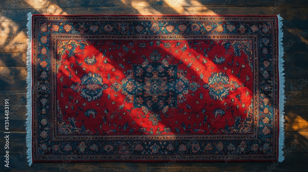 Intricate red persian rug with floral patterns on a wooden floor bathed in warm sunlight creating a cozy and inviting atmosphere with a top down view