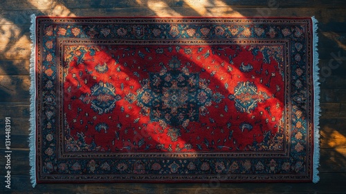 Obraz na płótnie Intricate red persian rug with floral patterns on a wooden floor bathed in warm sunlight creating a cozy and inviting atmosphere with a top down view w salonie