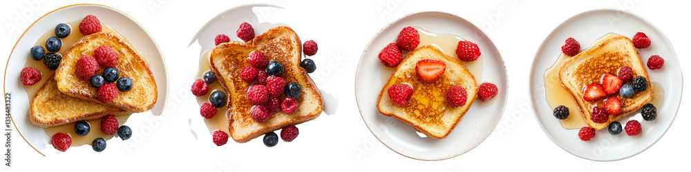 Fresh raspberries and blueberries top two slices of golden French toast, which is finished with a maple syrup drizzle and isolated on a transparent background as a png Fresh raspberries and blueberries top two slices of golden French toast, which is finished with a maple syrup drizzle and isolated on a transparent background as a png