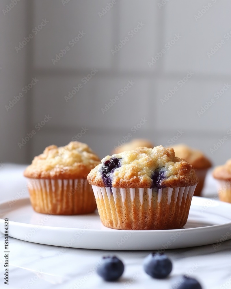 Delicious Blueberry Muffins on White Plate with Marble Surface and Bright Background Food Photography Delicious Blueberry Muffins on White Plate with Marble Surface and Bright Background Food Photography