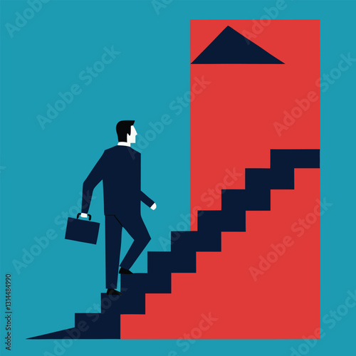 Businessman walking up the stairs symbolizing growth and success in a professional office setting