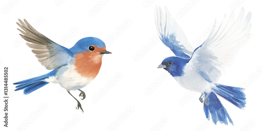 Fototapeta premium This png image features a watercolor illustration of a blue bird with its wings outstretched, flying, and isolated on a transparent background