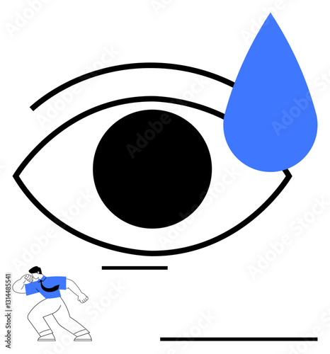 Simplistic design featuring an eye with a blue droplet and a small person covering their face. Ideal for awareness, perception, emotions, vulnerability, mental health, introspection, and reflection