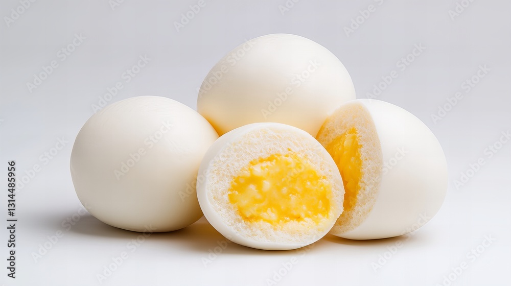 Three fluffy steamed buns, two whole and one cut open to reveal a vibrant yellow filling. A delicious and visually appealing treat. Three fluffy steamed buns, two whole and one cut open to reveal a vibrant yellow filling. A delicious and visually appealing treat.