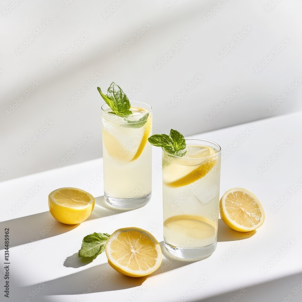 Sunny Lemon Drinks Styled With Mint In Bright Light Sunny Lemon Drinks Styled With Mint In Bright Light
