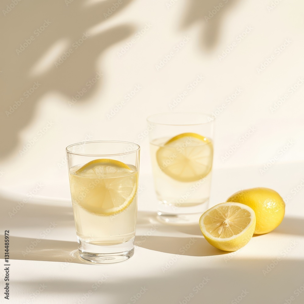 Two Glasses Of Lemonade With Whole And Cut Lemons. Two Glasses Of Lemonade With Whole And Cut Lemons.