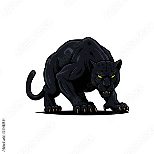 A fierce black panther in a crouching position, showcasing strength and agility.