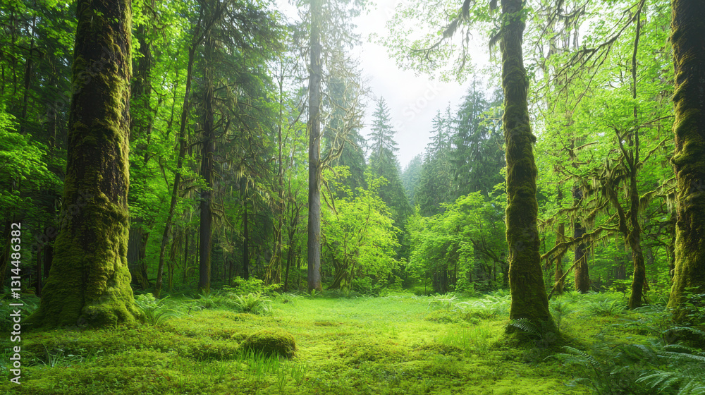 lush green rainforest with towering trees and vibrant foliage creates serene atmosphere lush green rainforest with towering trees and vibrant foliage creates serene atmosphere