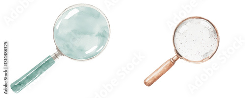 The image depicts a magnifying glass with a wooden handle and blue-tinted lens, created using watercolor, in a realistic style, isolated on a transparent background, as a png