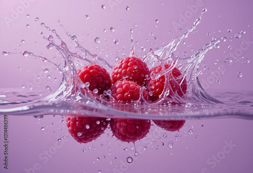 Ripe Raspberries Splashing Beautifully in Water Against a Purple Background