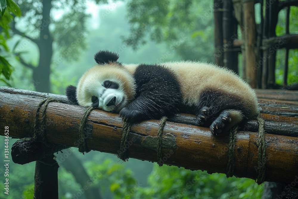 Obraz premium A panda sleeping on the branch of an old tree, surrounded by lush greenery and tall trees