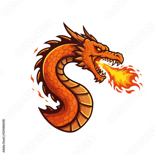 A fierce orange dragon breathing fire, showcasing a mythical creature in a vibrant design.