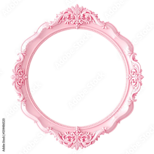 Ornate Pink Rococo Frame, Oval Shape, Decorative Details, Isolated.