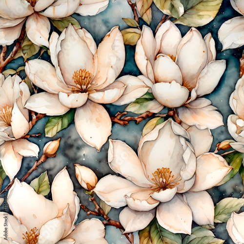 Seamless pattern with watercolor white magnolia flowers