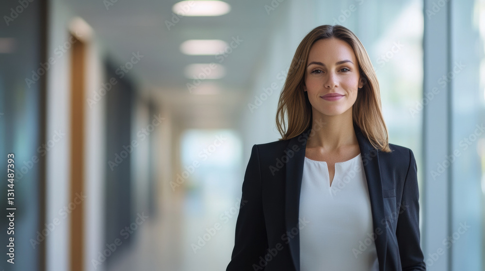 Naklejka premium confident corporate woman walking through modern office space, exuding professionalism and poise.