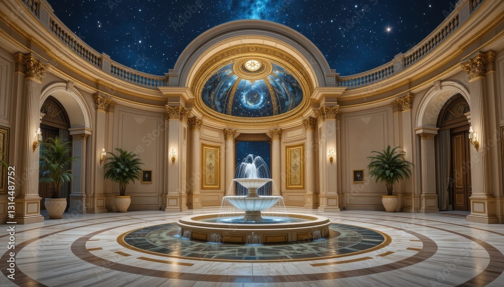 Obraz premium Grand Mansion Interior Design Elegant Fountain and Starry Dome Ceiling