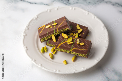 Photography Trendy chocolate; Dubai chocolate with pistachio and kadaifi
