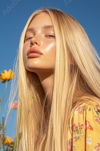 Blonde model poses amidst colorful wildflowers under a clear blue sky during golden hour in a vibrant meadow setting