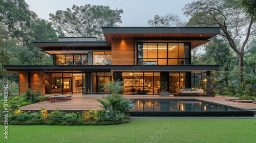 Modern Luxury Home Design: Two-Story House with Pool and Lush Landscaping