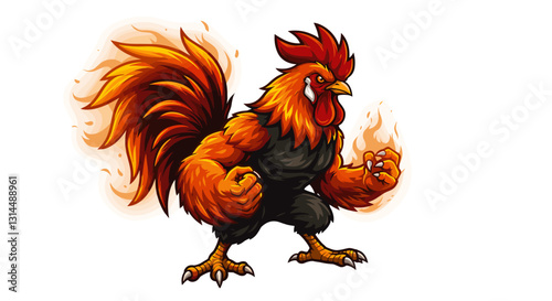 A fiery, cartoonish rooster with a muscular build and vibrant colors, exuding energy.