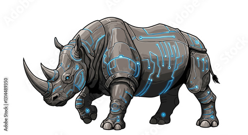A futuristic rhinoceros with metallic features and glowing blue circuitry.