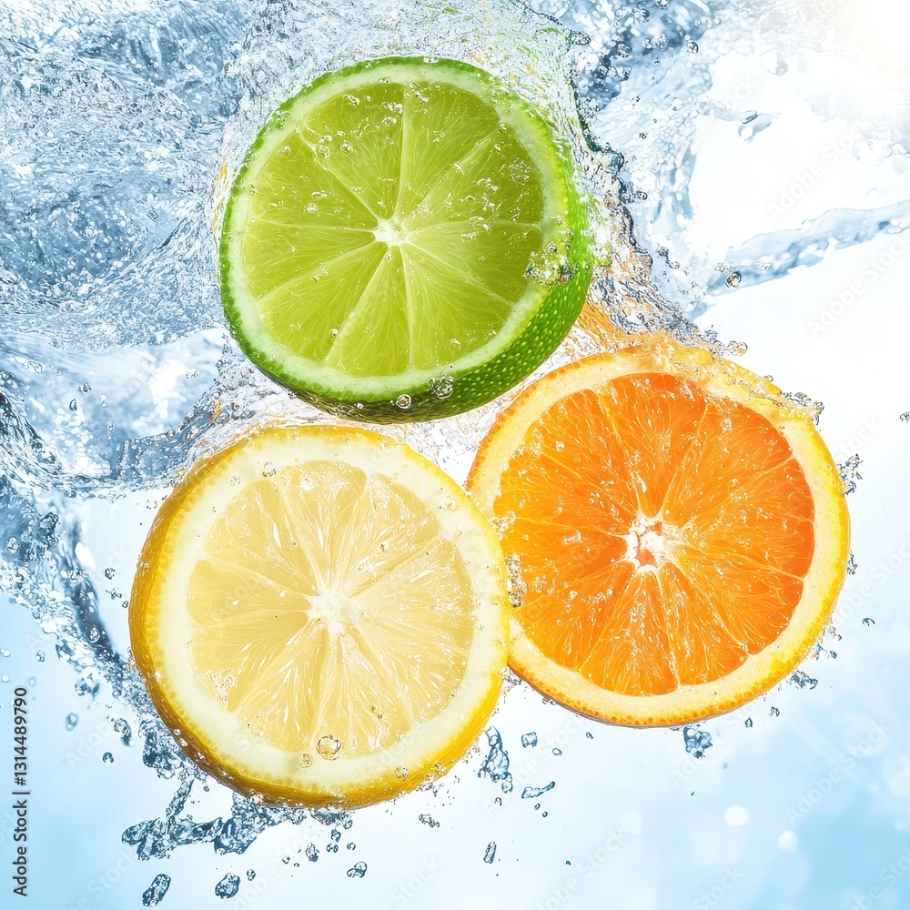Floating Citrus Mix With Splash On Blue Background. Floating Citrus Mix With Splash On Blue Background.