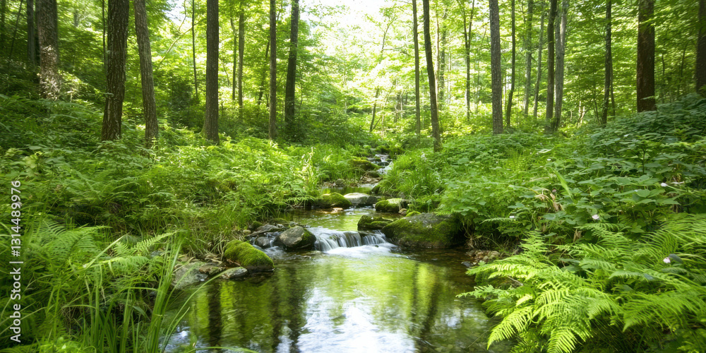 Obraz premium serene forest stream flowing over moss covered rocks, surrounded by lush greenery and sunlight filtering through trees