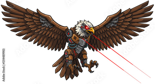 A robotic eagle with laser eyes, showcasing a blend of nature and technology.