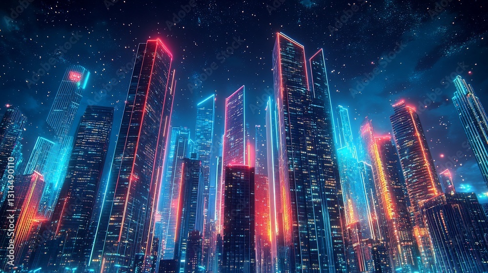 Fototapeta premium Neon Cityscape at Night, Glowing Towers