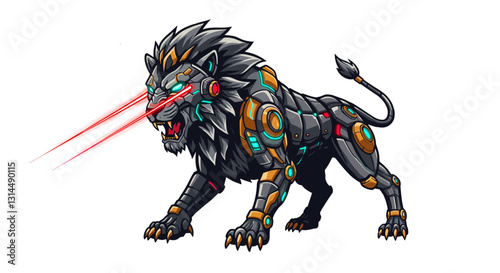 A robotic lion with laser eyes, showcasing a blend of nature and technology.