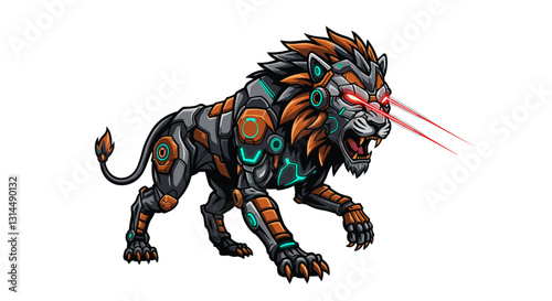 A robotic lion with laser eyes, showcasing a fusion of technology and wildlife.