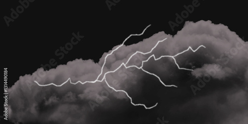 Thunder, lightnings and rain on a stormy summer night in black and white. Lightning bolts in the sky at night. Different lightning bolts isolating on black.  Bright light flare and sparks .
