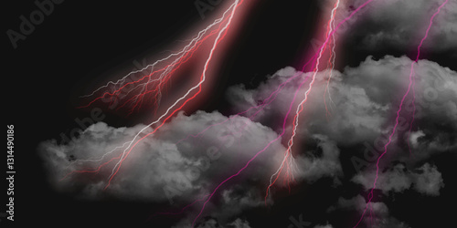 Thunder, lightnings and rain on a stormy summer night in black and white. Lightning bolts in the sky at night. Different lightning bolts isolating on black.  Bright light flare and sparks .

