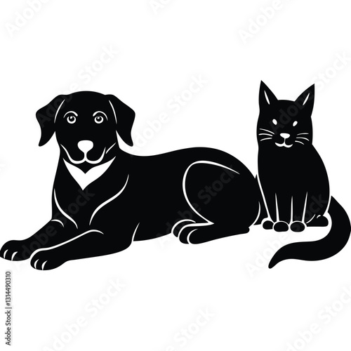 Black and White Silhouette of a Dog and Cat