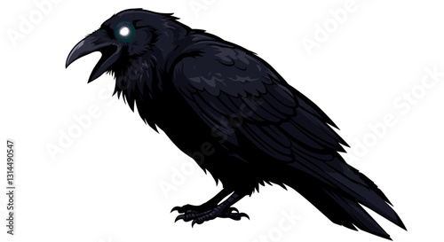 A stylized black raven with glowing eyes, depicted in a bold graphic style.